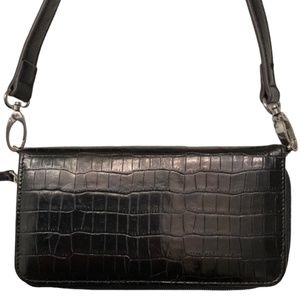 MUNDI Wallet/Clutch Adjustable Crossbody Black Croc Embossed Leather NWOT